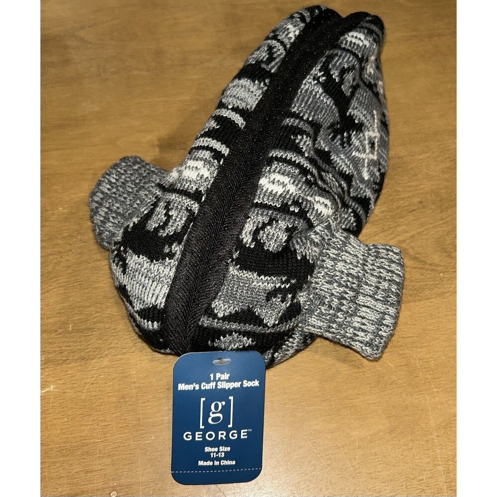 Men’s George Fuzzy Cuff Slipper Socks with Grippers Non-Slip Size 8-10 and 11-13